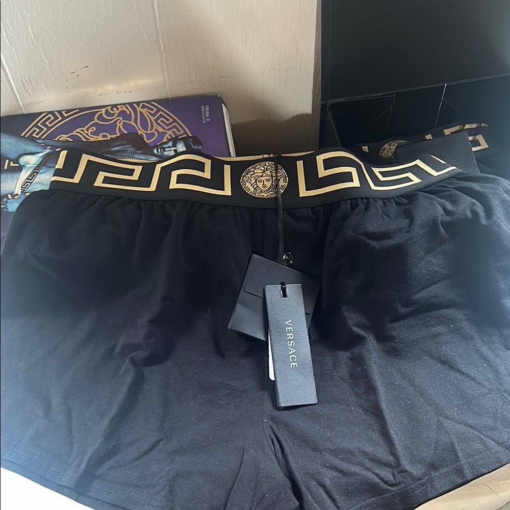 Versace Black Athletic Shorts with Greek Key Waistband